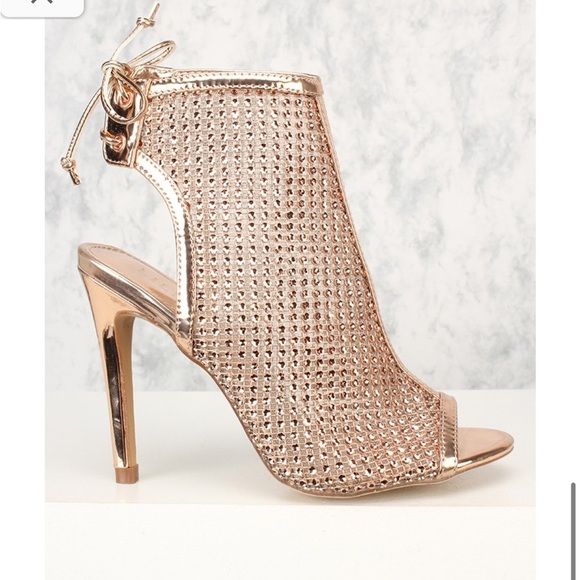Windsor Sexy Rose Gold Rhinestone Peep Toe Cutout Heel High Heels Booties 7.5 - Picture 2 of 15